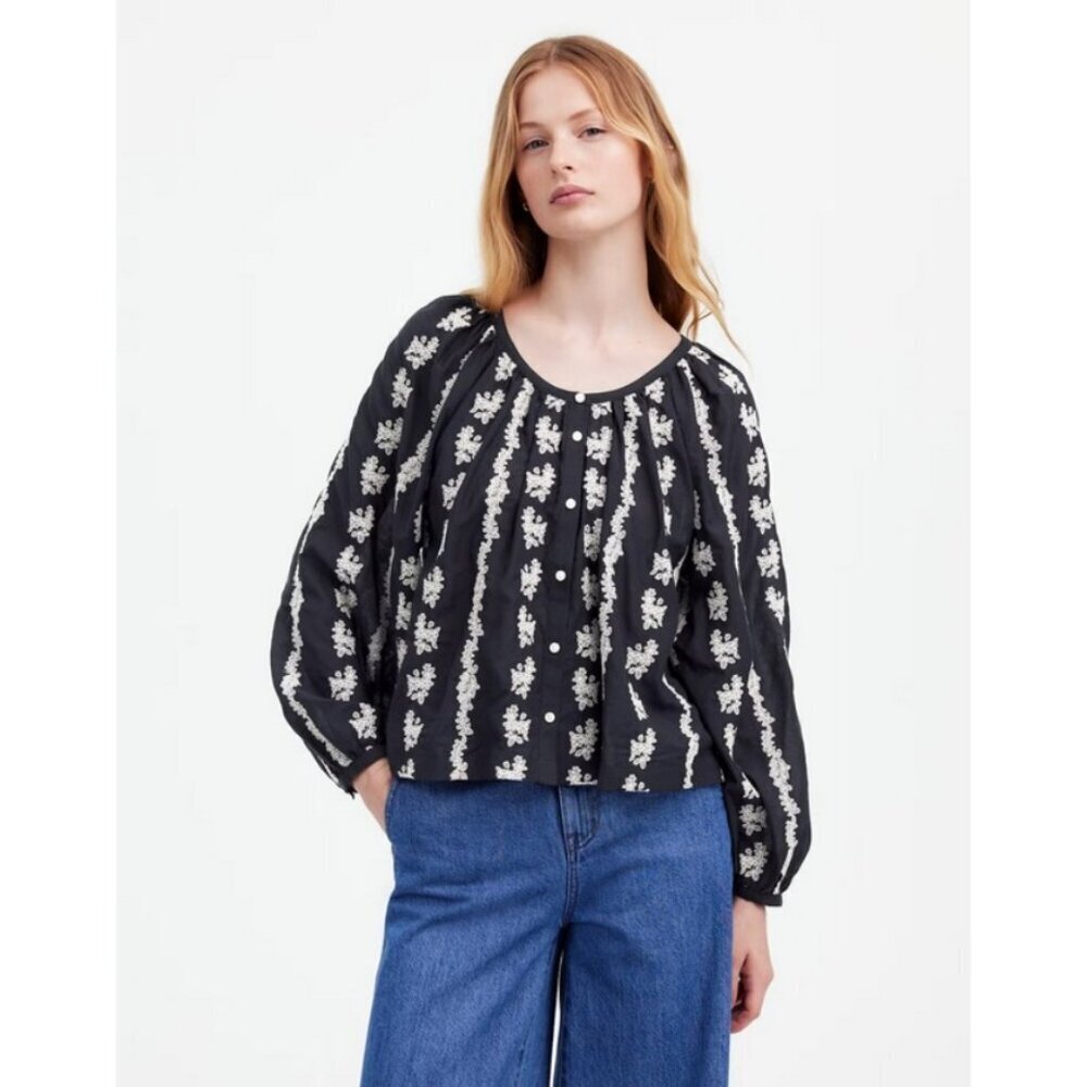 💕MADEWELL💕 Embroidered Puff Sleeve A-Line Top ~ True Black Medium M NWOT